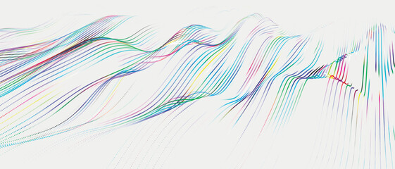 Multicolored wave of glowing dots. Futuristic dot wave of bright particles on light background. Weave effect. Futuristic background for presentation design. Wide format vector illustration.