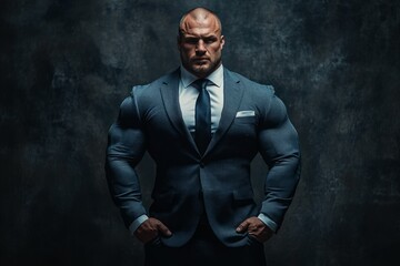 Powerful bodybuilder wearing an elegant suit posing in studio setting