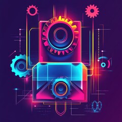 Obraz premium A vibrant, futuristic illustration of gears and circuits in neon colors, symbolizing technology and innovation.