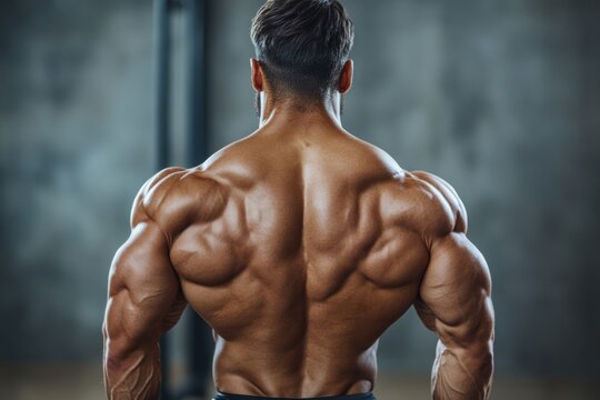 Strong muscular bodybuilder showing his back muscles posing in the gym