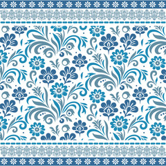 delicate blue bohemian floral seamless pattern with detailed border for home textile projects
