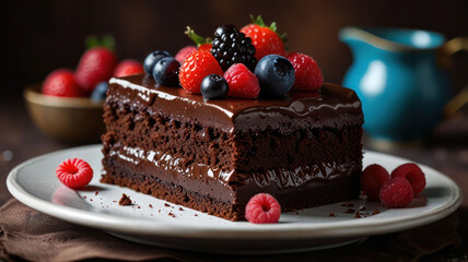 Close Up Rich Chocolate Cake With Vibrant Berries Background