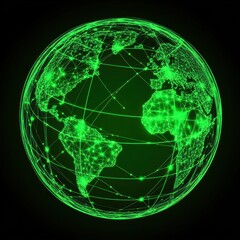 A glowing green digital globe with interconnected lines representing global connectivity and data exchange.