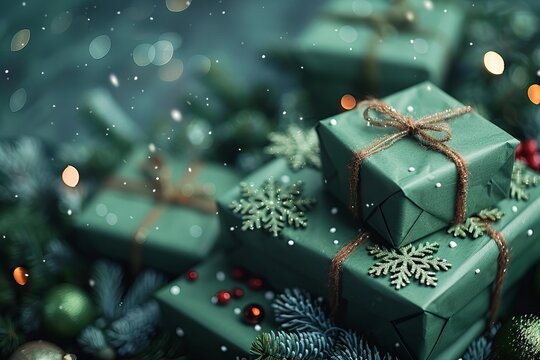 In the Spotlight: Green Christmas Presents Arranged in a Christmas Tree Formation