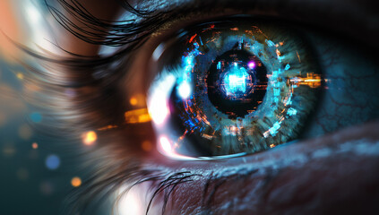 A high-resolution image of an eye with a complex digital pattern reflected in the pupil, showcasing the intricate details of technological augmentation