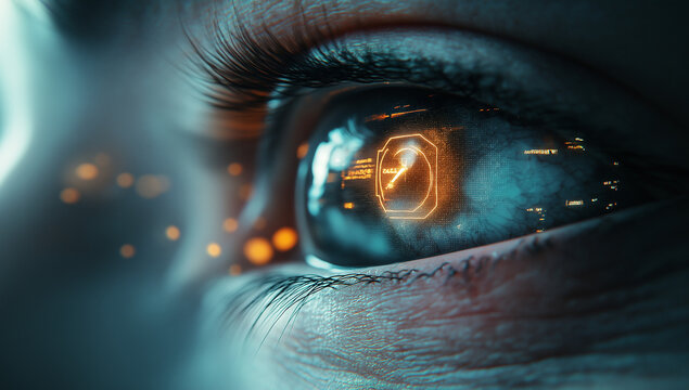 A conceptual image of a human eye with embedded digital circuitry, representing the integration of technology into human biology and perception - Powered by Adobe