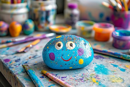 Colorful decorated pet rock with smiling face on artistic table