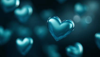Obraz premium A serene and calming image of blue hearts suspended in a dreamy, out-of-focus space, evoking feelings of peace and affection