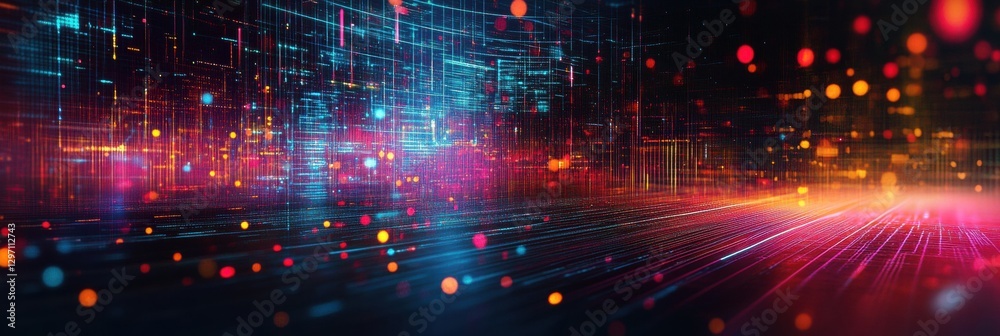 Leinwandbilder Colorful abstract digital background depicting glowing lights and lines in a futuristic setting at night. Generative AI