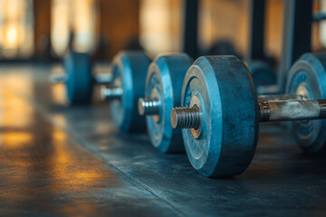Dumbbells resting on the floor of a gym, ready for a workout, promoting fitness and strength training