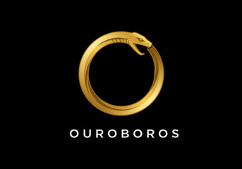 Sleek Gold Ouroboros Logo on Black Background - Modern Design of a Snake Eating its Tail with "OUROBOROS" Text Below, Symbolizing Infinity and Cycles
