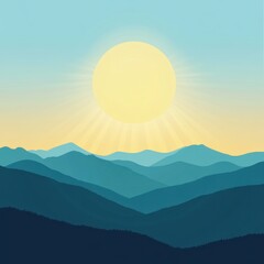 Fototapeta premium A serene sunrise over rolling mountains, casting golden rays across the tranquil landscape.