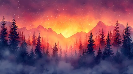 Majestic Mountain Sunset Over Foggy Pine Forest