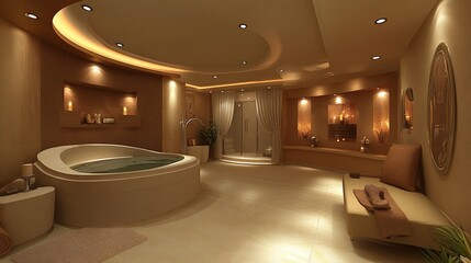 Luxurious spa interior, warm tones, curved jacuzzi, peaceful ambiance
