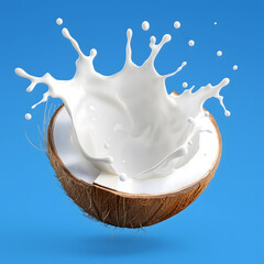 Coconut milk splash isolated on blue background. Top view. Package design element