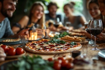 Group of friends enjoying pizza and red wine together, celebrating friendship at a restaurant