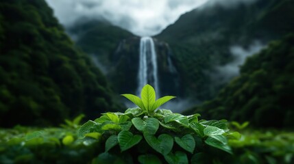Obraz premium Vibrant jungle waterfall hidden in the rainforest with lush greenery and tropical wildlife