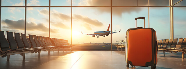 An airport scene with travel suitcases and an airplane in the background
