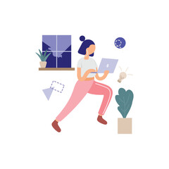 Active Woman Working on Laptop Vector Illustration