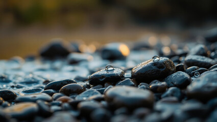 Fototapeta premium pebbles, shallow water, smooth stones, bokeh effect, close-up, nature photography, tranquil scene, riverbed, soft focus background, muted colors, wet rocks, serene atmosphere, macro lens, depth of fie