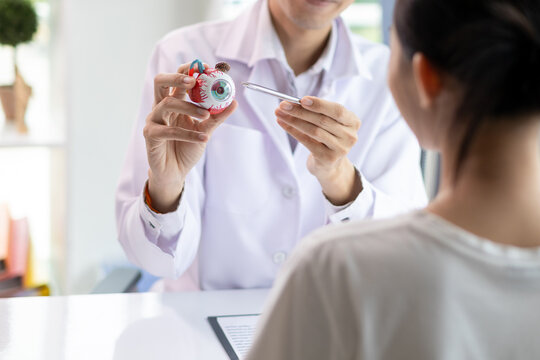 ophthalmologist is examining the patient's eye abnormalities to correct them so that they can see more clearly. ophthalmologist is examining the vision to recommend the appropriate eyeglasses.