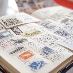 A close-up of a vintage scrapbook filled with colorful postage stamps and handwritten notes.