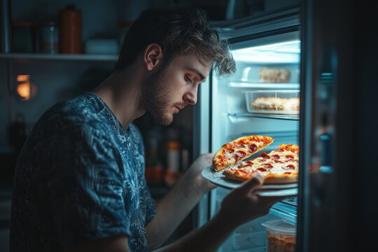 Young man is taking leftover pizza slices from the refrigerator for a midnight snack