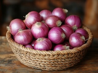 Red Onions in Woven Basket: A Close-Up View of Fresh, Healthy Produce Displayed on Rustic Wooden Table, Showcasing Textures and Vibrant Colors