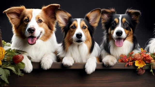 A group of dogs peeks out behind a wooden fence decorated with flowers. A pet products.