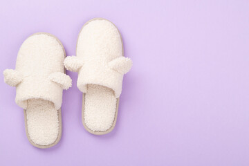 Soft teddy slippers on color background, top view