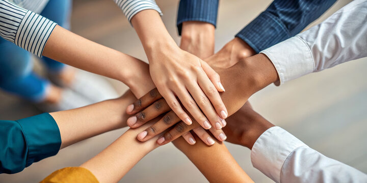 Four hands united in collaboration business meeting teamwork environment close-up perspective