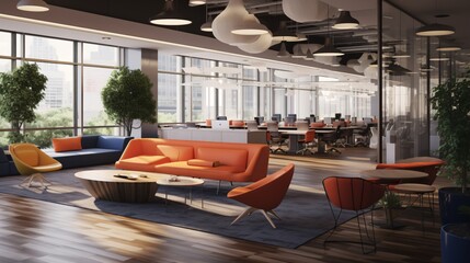 A contemporary workplace featuring inviting, collaborative areas meticulously