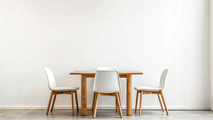 Four minimalist dining room furniture pieces against a plain wall in a bright environment