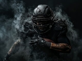 Professional, fast american football player, serious and focused, on dark background, in smoke, sand and dust.