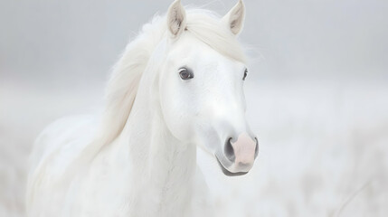 Obraz premium White horse portrait, winter field background, equine beauty, nature photography