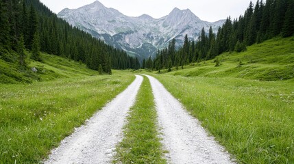 Fototapeta premium Mountain valley road through grassy meadow, peaceful landscape, potential for hiking or scenic drive, tranquil view