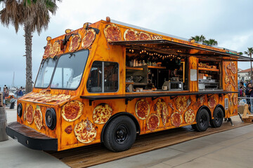 Orange pizza food truck serving customers near the beach on a sunny day