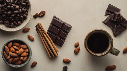 Rustic Coffee and Dark Chocolate Flat Lay with Almonds and Cinnamon