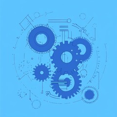 Intricate blue gears and technical diagrams on a vibrant blue background, symbolizing engineering and innovation.