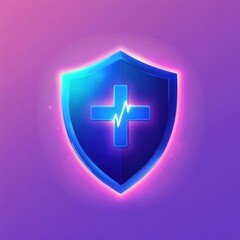 Obraz premium Stylized blue shield with a medical cross and heartbeat symbol, glowing against a vibrant purple background.