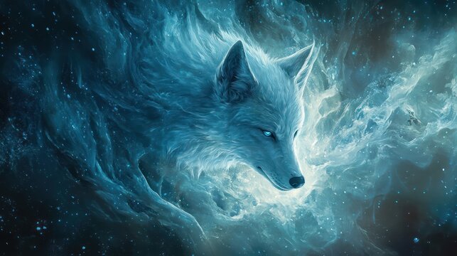 A beautiful and elegant wolf is appearing in a starry sky - Powered by Adobe