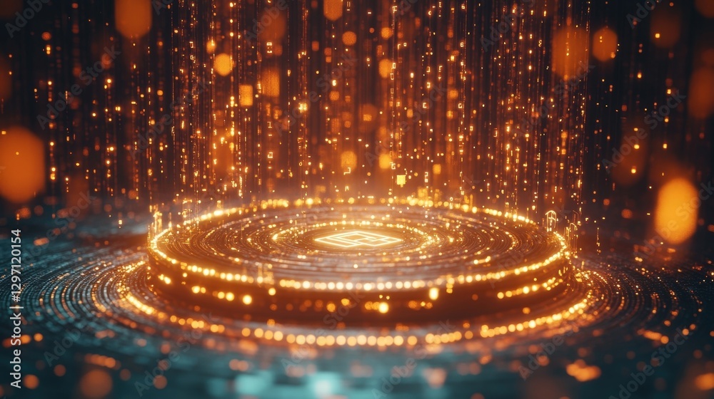 Poster golden data stream falling on a futuristic podium, illuminating a central processing unit, creating 