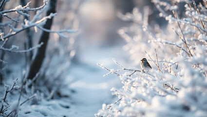 Winter landscape, frosted branches, small bird perched, soft sunlight, snowy forest, ethereal atmosphere, delicate icy crystals, bokeh effect, muted colors, dreamy scene, nature photography, 