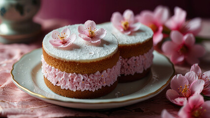 High Resolution Photo Of Cakes On Traditional Plate With Pink Blossoms Background