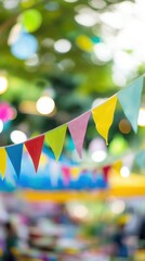 colorful bunting flags fluttering outdoors in bright festival setting with vibrant background copyspace concept of holiday events marketing