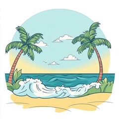 Fototapeta premium A serene beach scene with palm trees and gentle waves, evoking a tropical paradise ambiance.