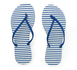 Striped blue flip-flops on isolated on white, top view