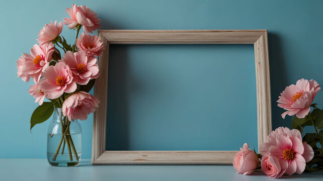 Modern Frame With Pink Flowers Light Blue Background