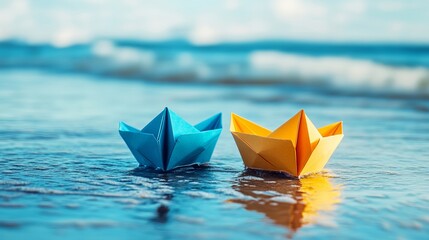 Blue and yellow paper boats resting on a beach in an outdoor setting