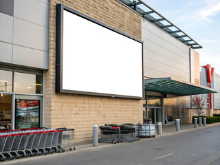 Obraz premium Billboard's Blank Canvas: A large, blank billboard dominates the facade of a modern building, perfectly poised for an advertisement or message.